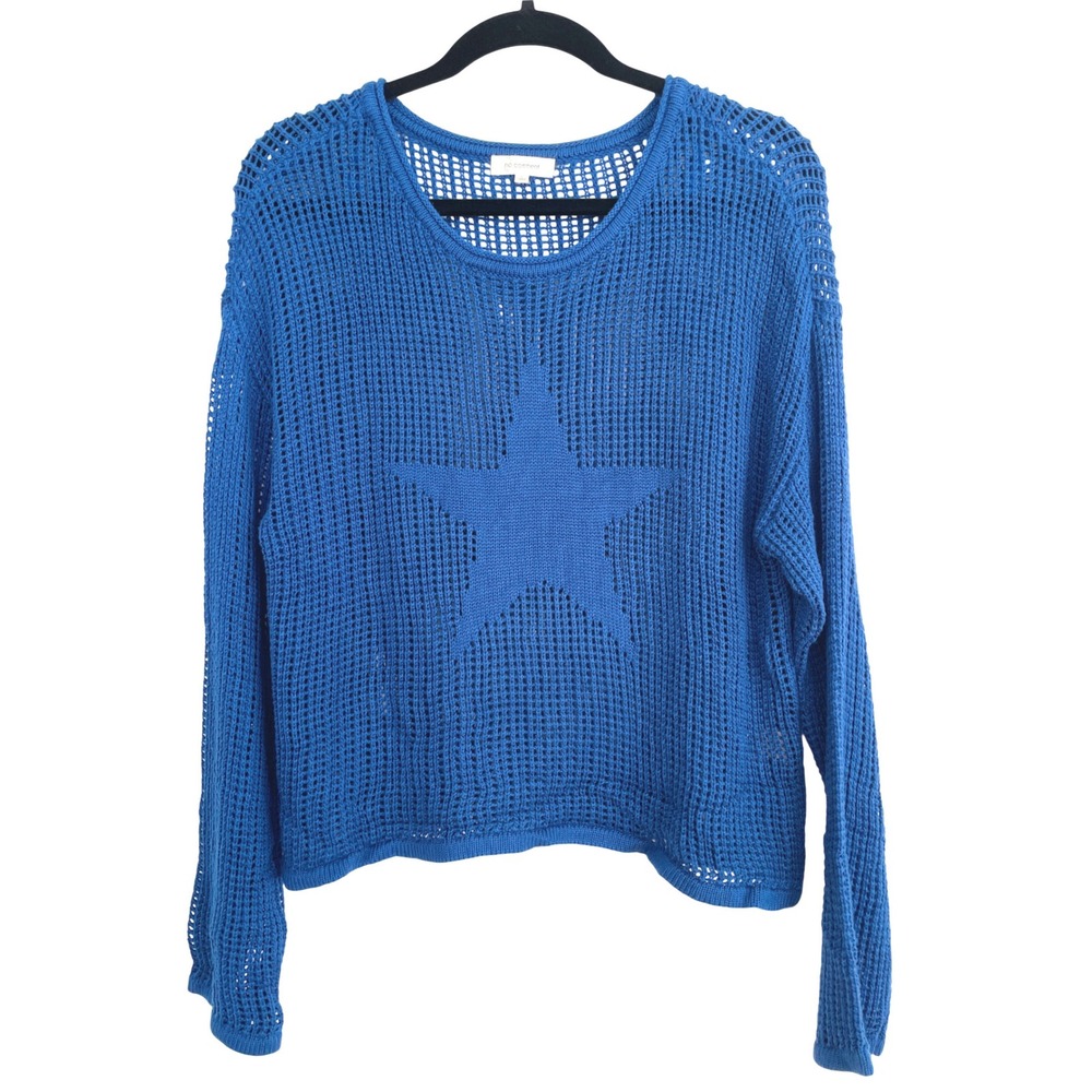 No Comment Blue Open Knit Star Graphic Sweater Pullover  Womens Large